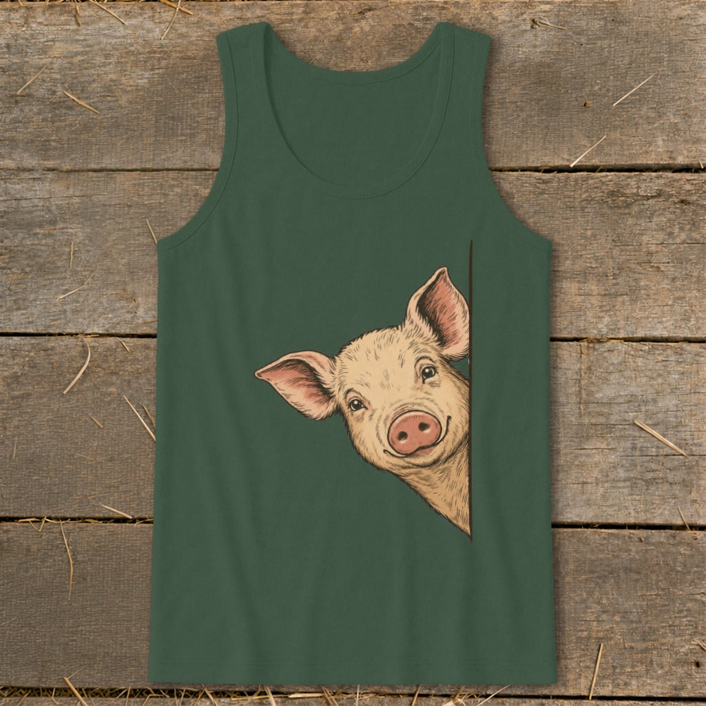 Green tank top with a smiling pig peeking from the side.