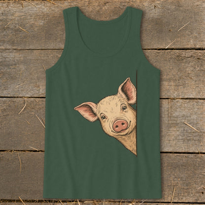Green tank top with a smiling pig peeking from the side.