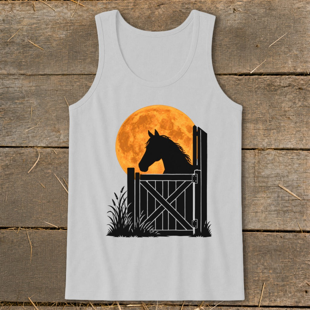 Light gray tank top featuring a graphic of a horse silhouette looking over a fence against a large orange moon.