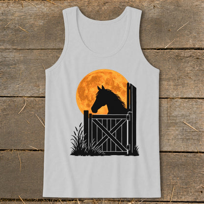 Light gray tank top featuring a graphic of a horse silhouette looking over a fence against a large orange moon.
