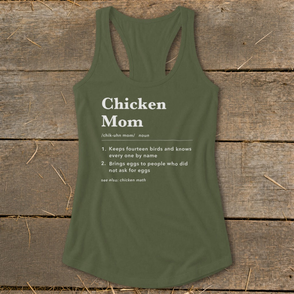 Olive green tank top with "Chicken Mom" definition printed in white text.