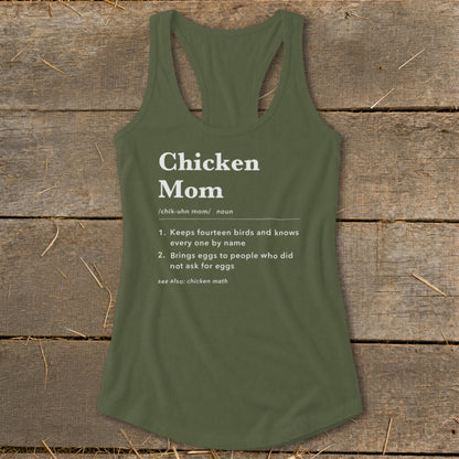 Olive green tank top with "Chicken Mom" definition printed in white text.