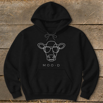 Black hoodie with a white line drawing of a cow wearing sunglasses and the text "MOO-D".