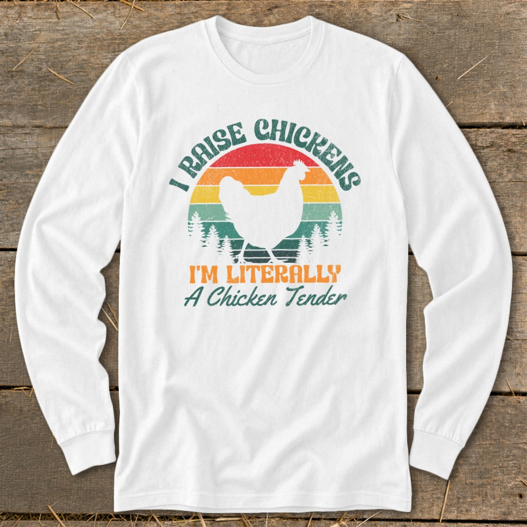 White long sleeve shirt with text and chicken graphic.