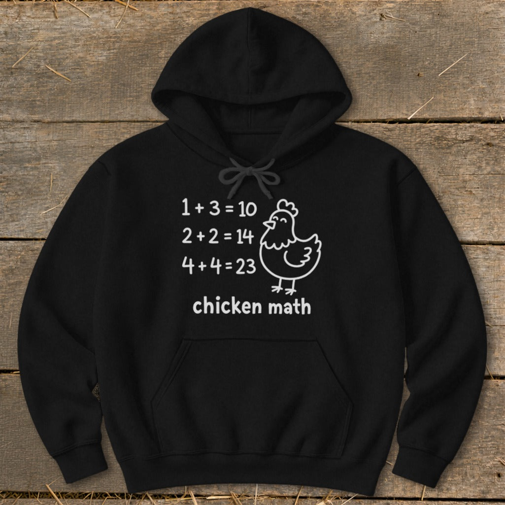 Black hoodie with white text and a chicken graphic, "chicken math" joke.