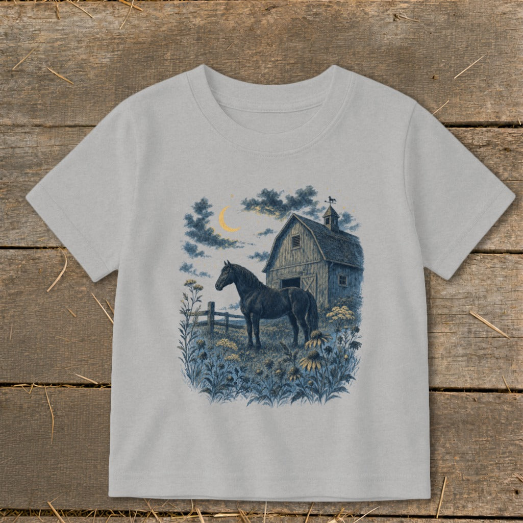 Black horse in a field by a barn at night under a crescent moon.