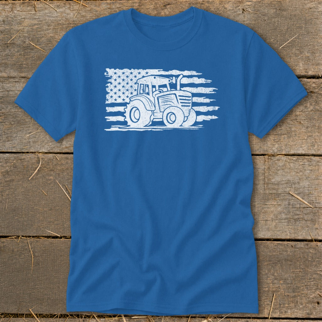 Blue t-shirt with distressed American flag and tractor graphic.