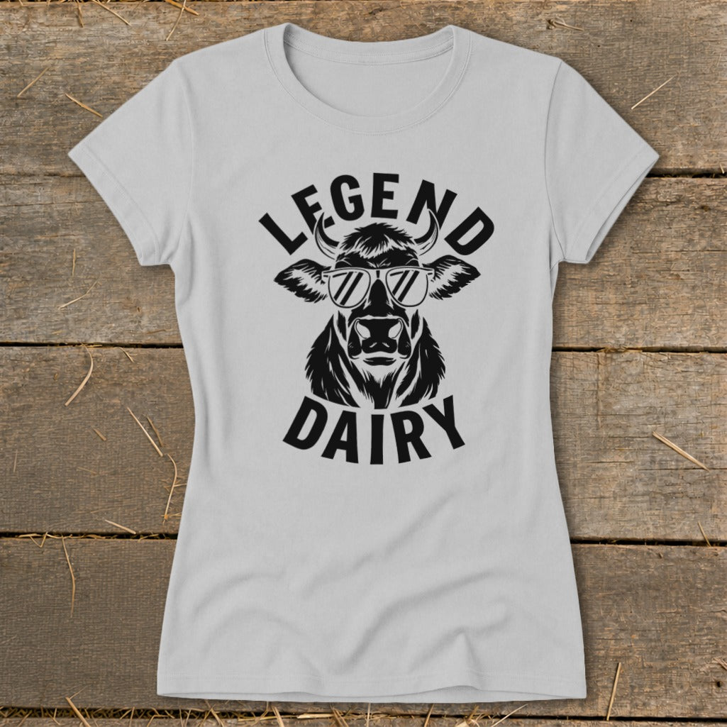 Grey t-shirt with black graphic of a cow wearing sunglasses and text "LEGEND DAIRY".