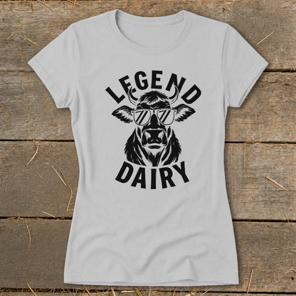 Grey t-shirt with black graphic of a cow wearing sunglasses and text "LEGEND DAIRY".