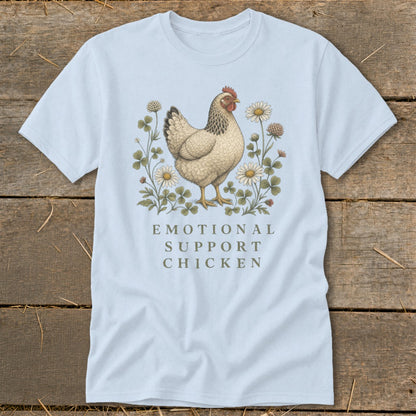 Light blue t-shirt with a chicken illustration and the words "Emotional Support Chicken".