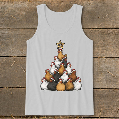 Grey tank top with a Christmas tree made of chickens wearing Santa hats.
