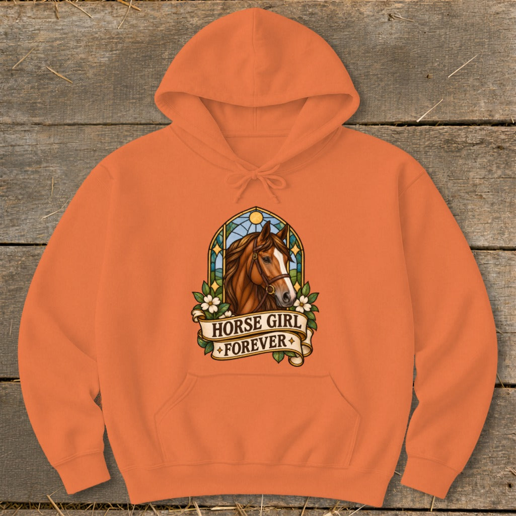 Orange hoodie with a stained-glass horse design and "Horse Girl Forever" text.