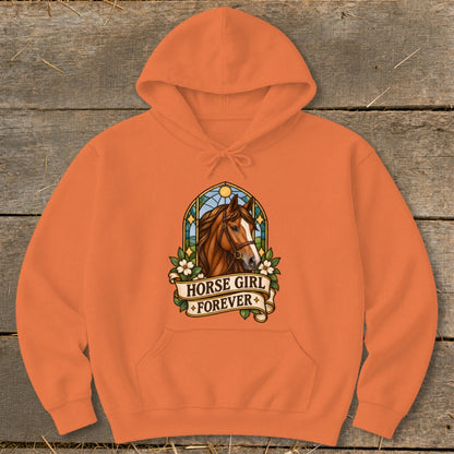 Orange hoodie with a stained-glass horse design and "Horse Girl Forever" text.