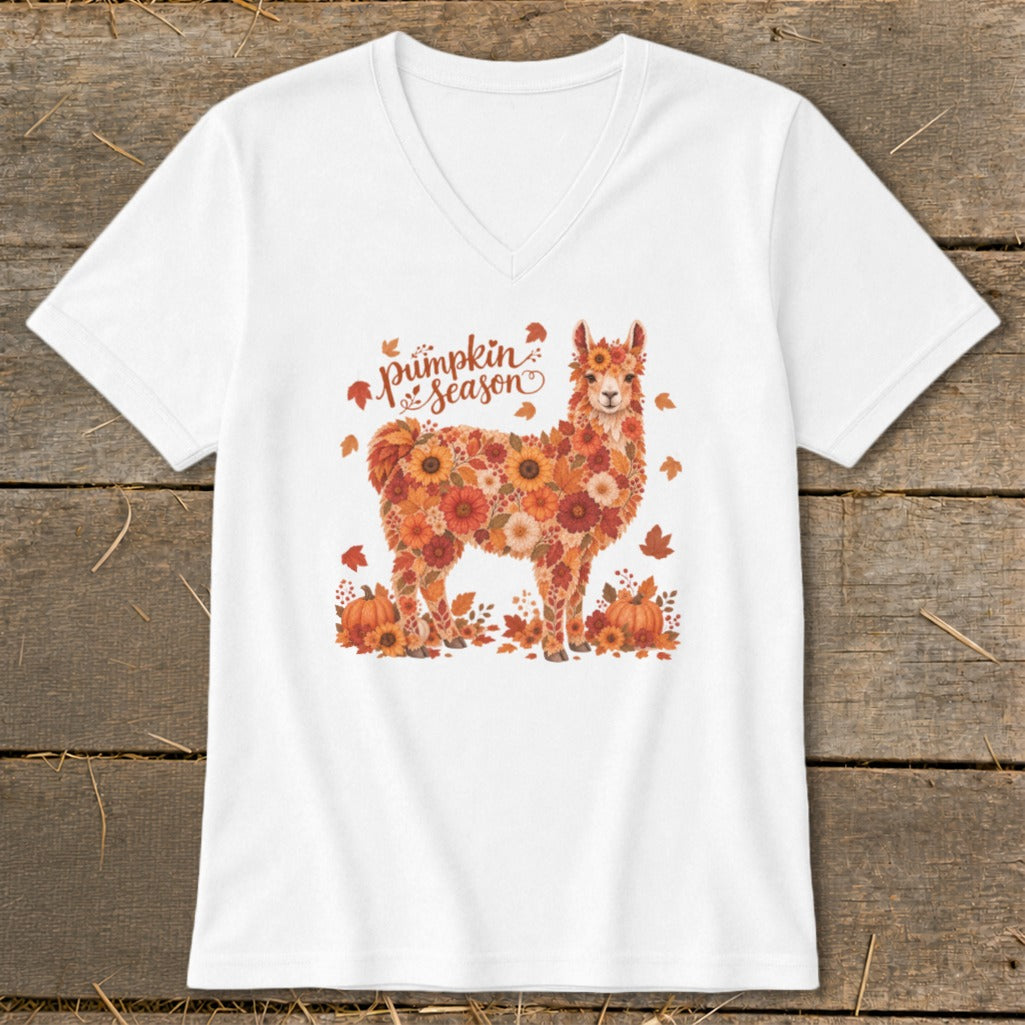 White t-shirt with a llama made of fall flowers and text "Pumpkin Season."