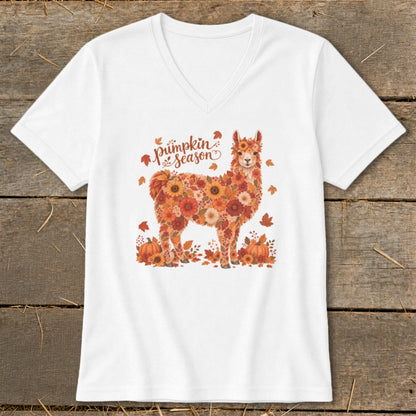 White t-shirt with a llama made of fall flowers and text "Pumpkin Season."