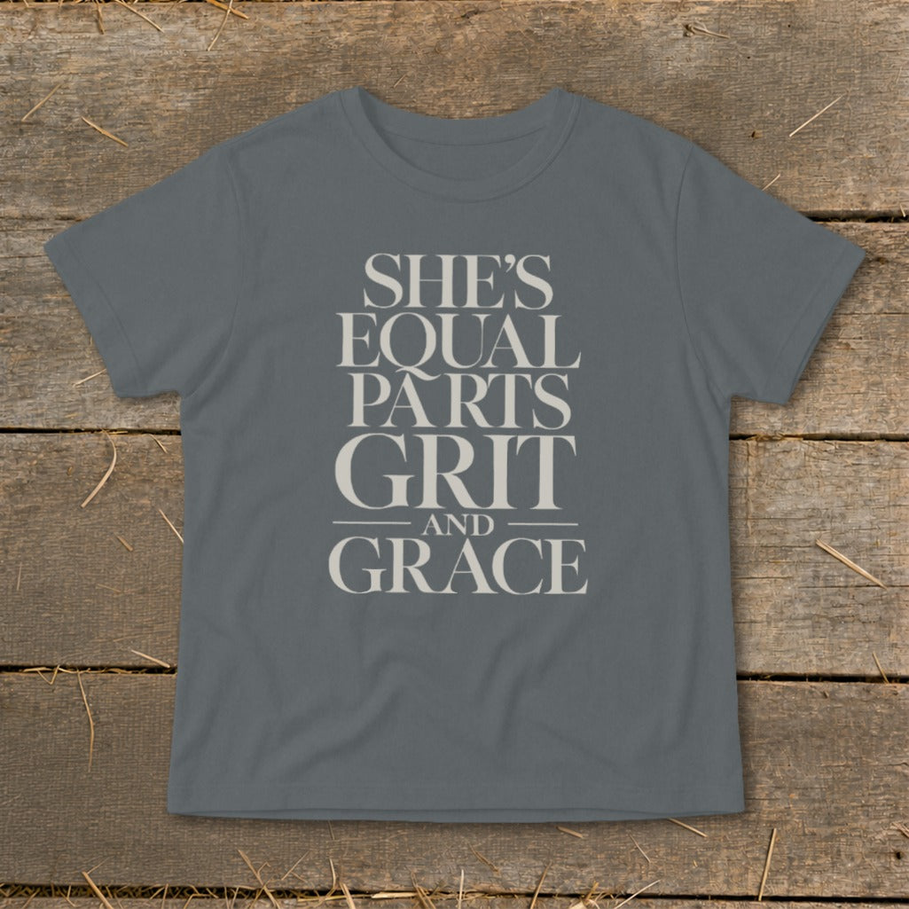 Gray t-shirt with text "She's Equal Parts Grit and Grace"