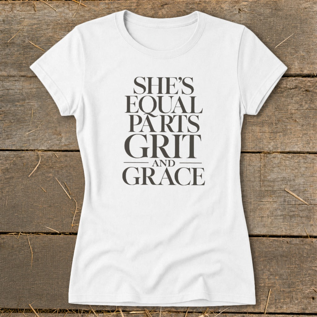 White t-shirt with "She's Equal Parts Grit and Grace" text.