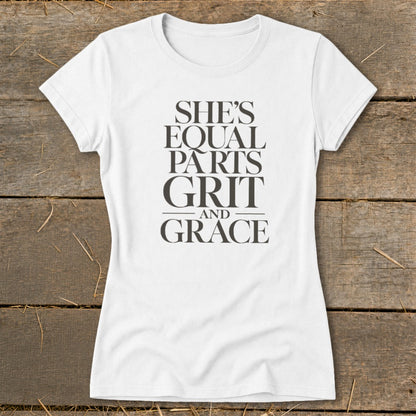 White t-shirt with "She's Equal Parts Grit and Grace" text.