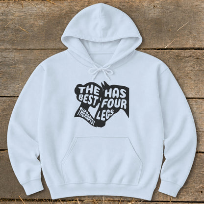 Light blue hoodie with black text "The has best four therapist legs" graphic.