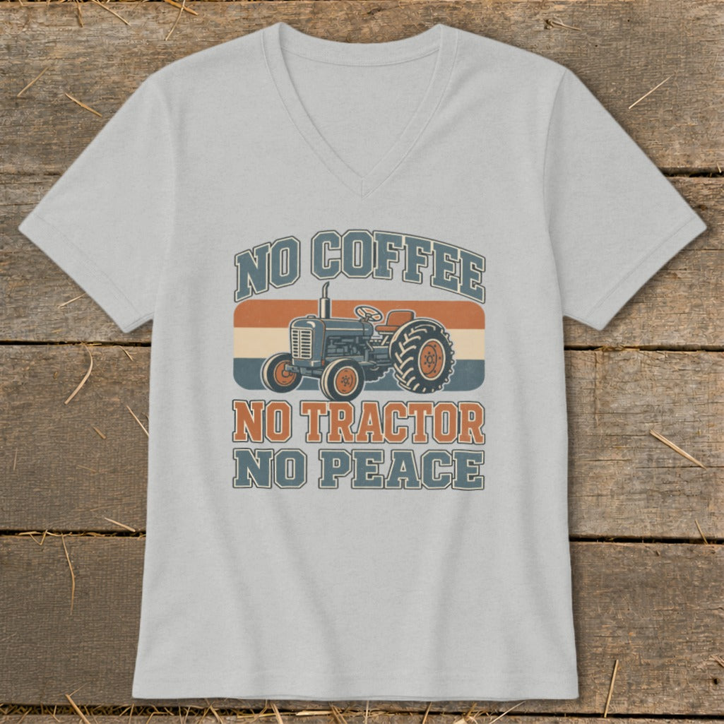 Light grey t-shirt with a vintage tractor graphic and text "NO COFFEE NO TRACTOR NO PEACE".