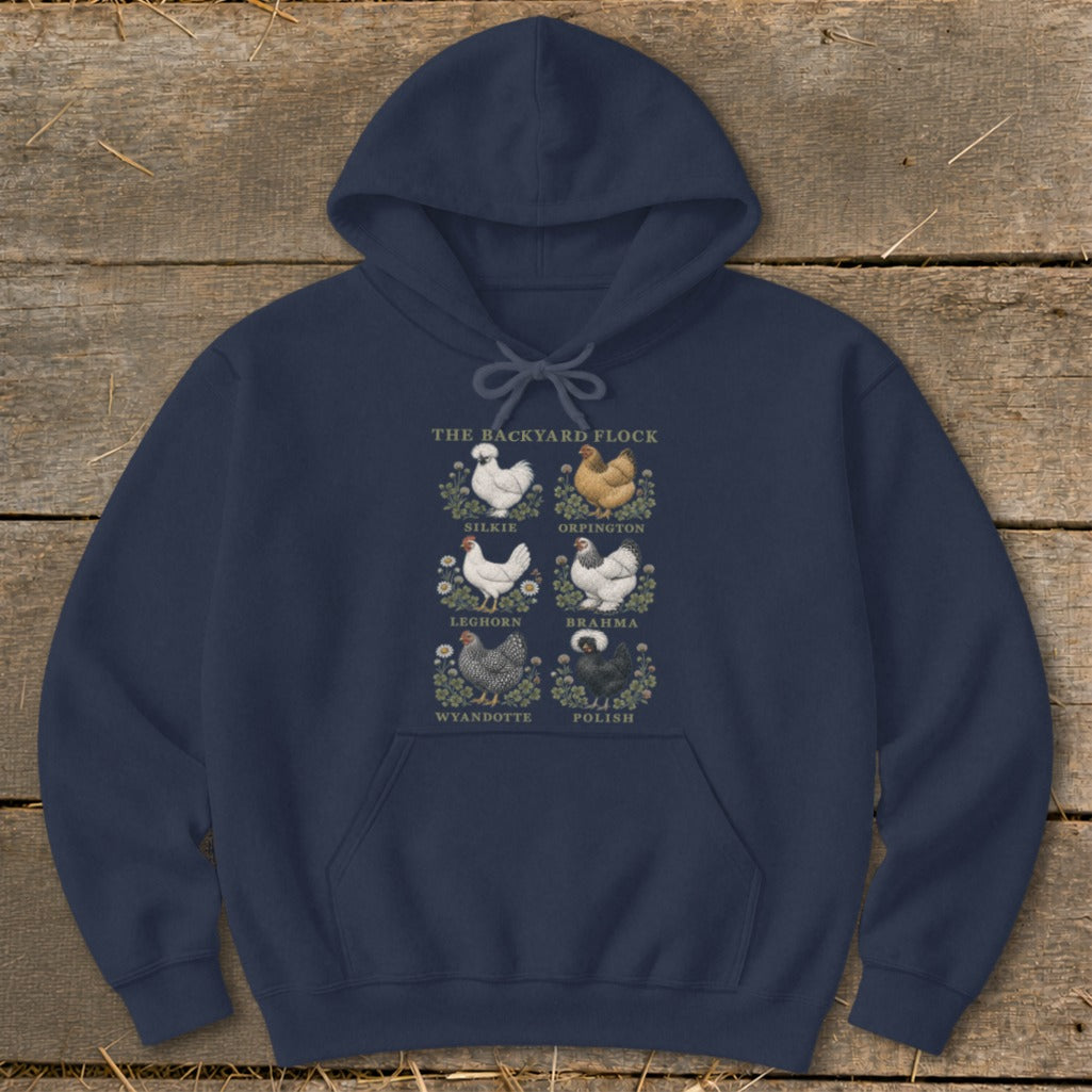 Navy hoodie featuring illustrations of six chicken breeds: Silkie, Orpington, Leghorn, Brahma, Wyandotte, and Polish.