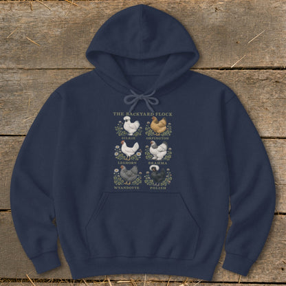 Navy hoodie featuring illustrations of six chicken breeds: Silkie, Orpington, Leghorn, Brahma, Wyandotte, and Polish.