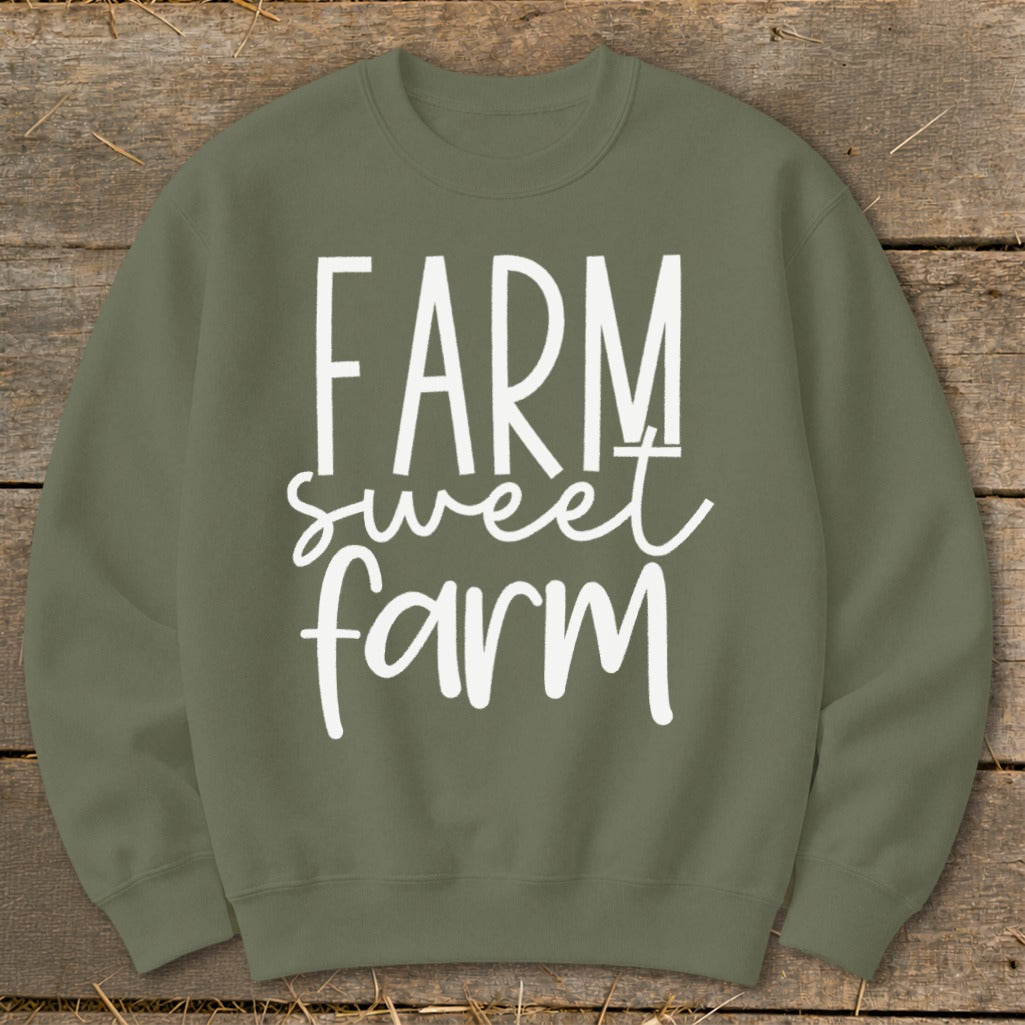 Olive green sweatshirt with white text that reads "FARM sweet farm."