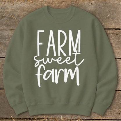 Olive green sweatshirt with white text that reads "FARM sweet farm."