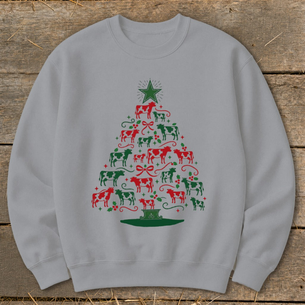 Grey sweatshirt with a Christmas tree made of red and green cows.