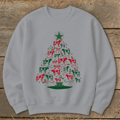 Grey sweatshirt with a Christmas tree made of red and green cows.