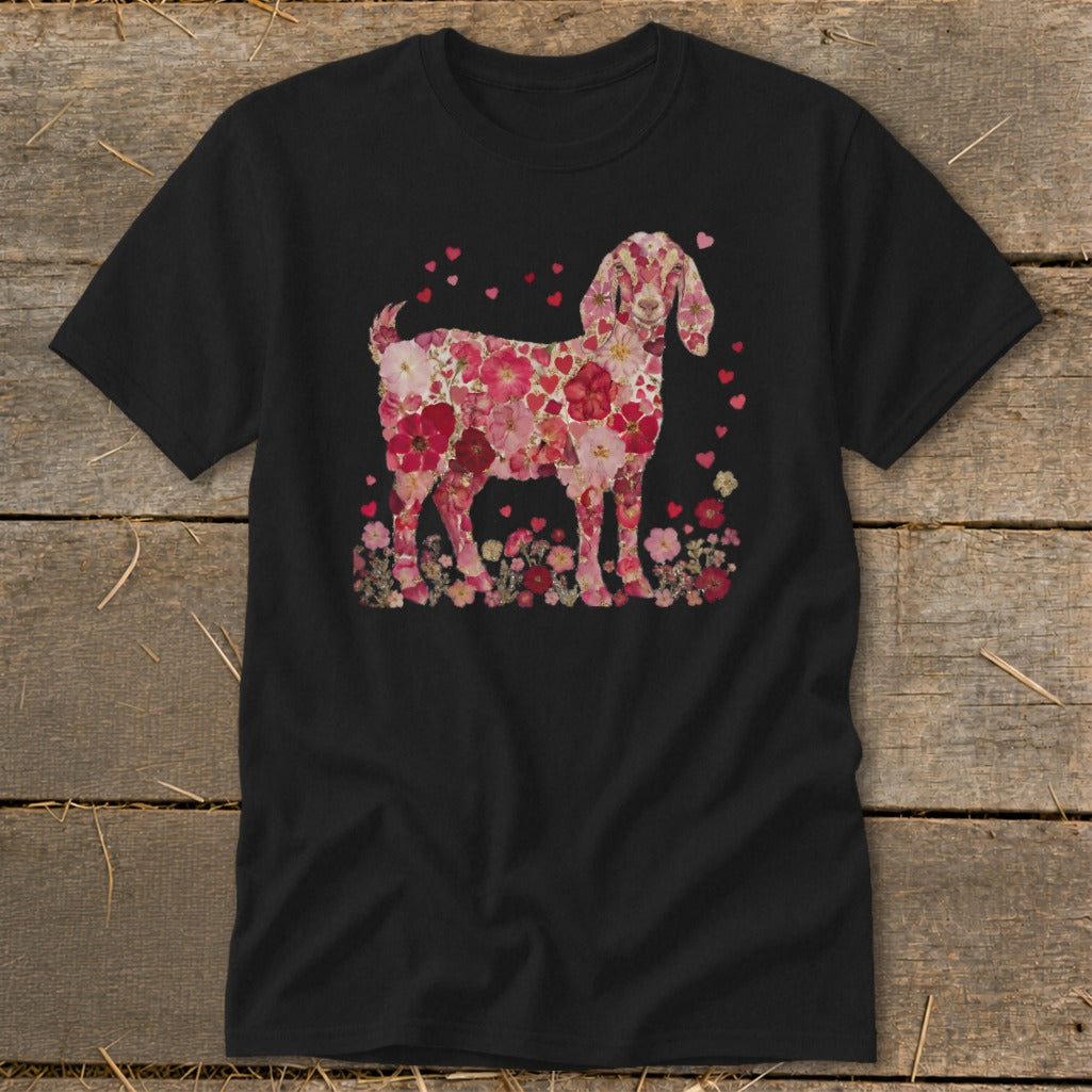 Black t-shirt featuring a goat silhouette filled with pink and red flowers and hearts.
