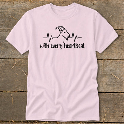 Pink t-shirt with black goat silhouette on a heartbeat line and text.