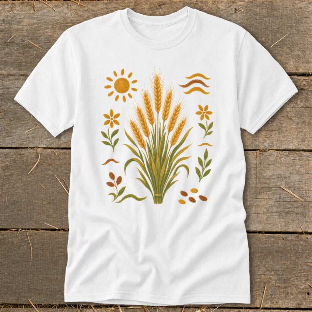White t-shirt with a central graphic of wheat stalks, sun, flowers, and leaves.