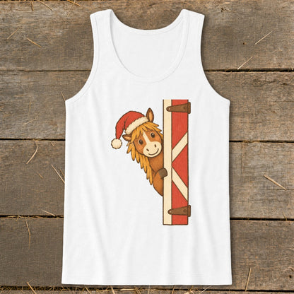 White tank top with a horse wearing a Santa hat peeking from a barn door.
