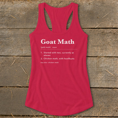 Pink racerback tank top with white text defining "Goat Math."
