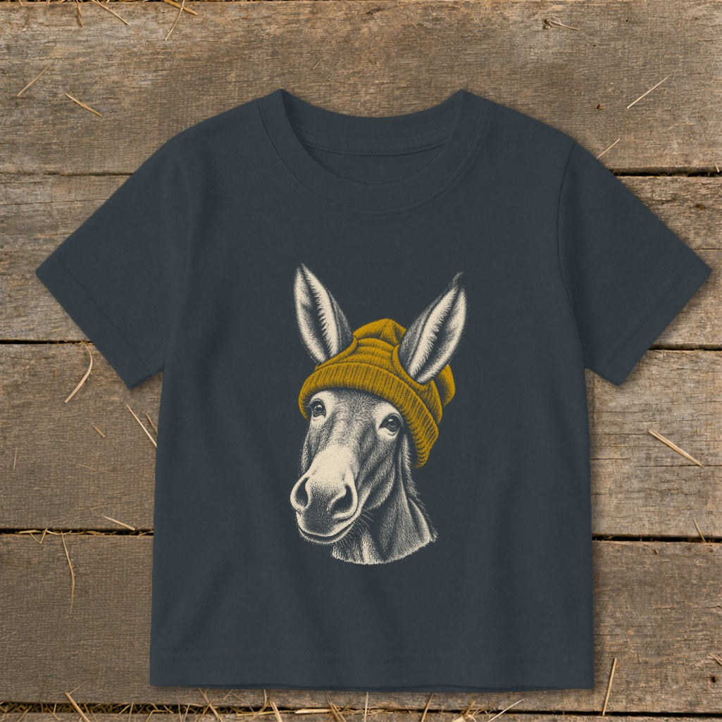 Charcoal t-shirt with a drawing of a donkey wearing a yellow beanie.