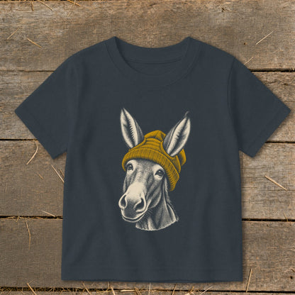 Charcoal t-shirt with a drawing of a donkey wearing a yellow beanie.