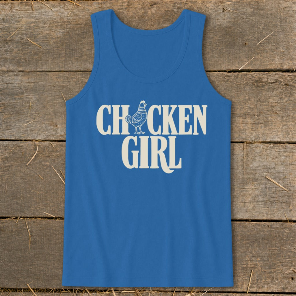 Blue tank top with white "CHICKEN GIRL" text and chicken graphic.