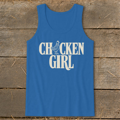 Blue tank top with white "CHICKEN GIRL" text and chicken graphic.