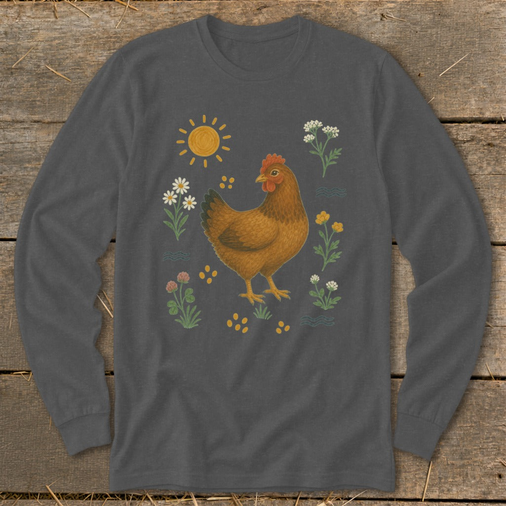 Brown chicken with sun, flowers, and yellow dots on a dark gray long-sleeve shirt.