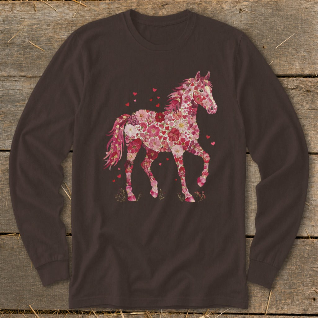 Brown long-sleeve shirt with a horse graphic composed of pink and red flowers.