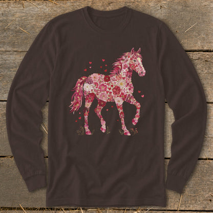 Brown long-sleeve shirt with a horse graphic composed of pink and red flowers.
