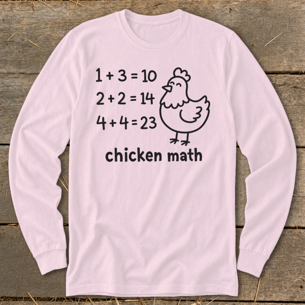 Pink long-sleeve shirt with "chicken math" equations and chicken illustration.