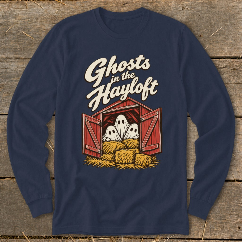 Three ghosts hide in a barn with hay bales, text reads "Ghosts in the Hayloft".