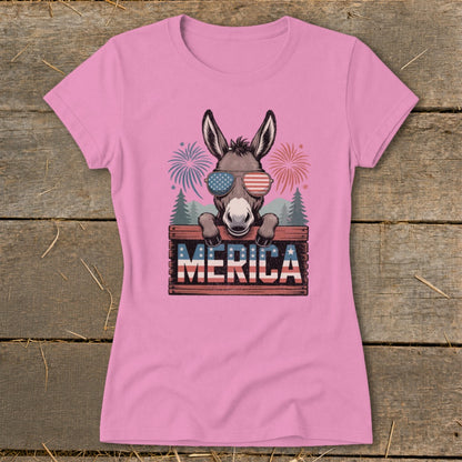 Donkey wearing patriotic sunglasses behind a "MERICA" sign with fireworks.