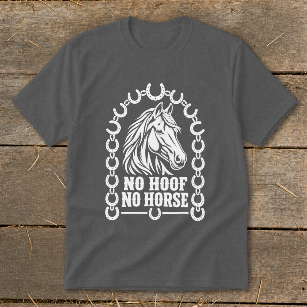 Dark gray t-shirt with white horse head graphic and text "NO HOOF NO HORSE".