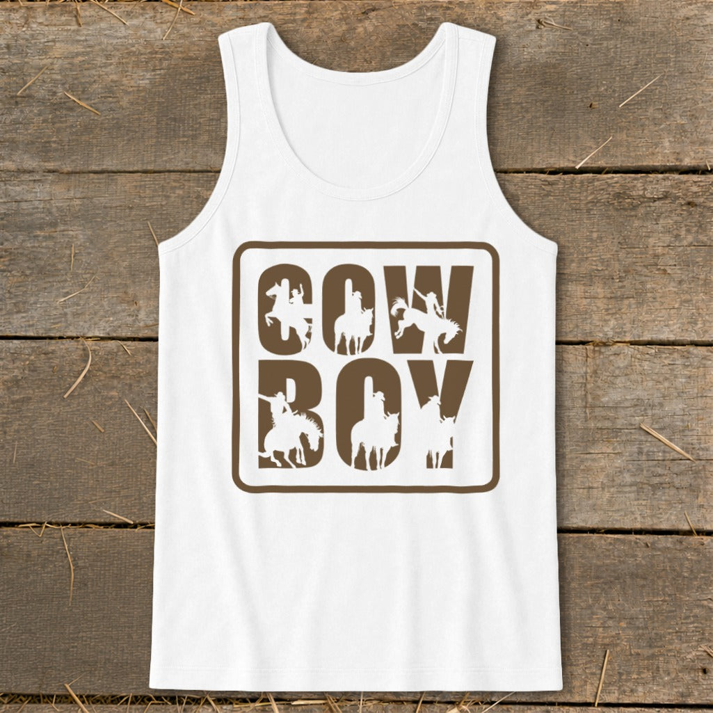 White tank top with "Cowboy" text and cowboy silhouettes within brown squares.