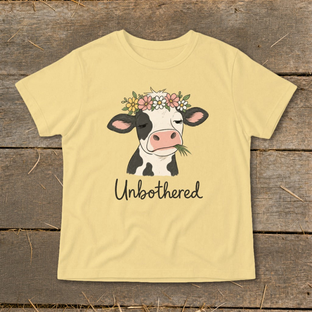Yellow t-shirt with a cartoon cow wearing a flower crown, chewing grass, and text "Unbothered".