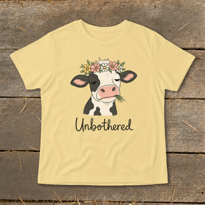 Yellow t-shirt with a cartoon cow wearing a flower crown, chewing grass, and text "Unbothered".