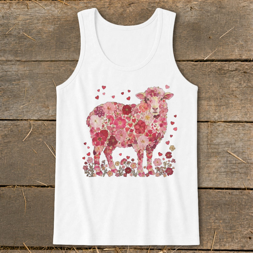 White tank top with a pink floral sheep design and scattered hearts.